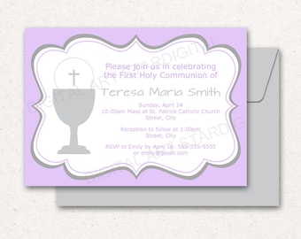 PRINTABLE First Communion Invitation for Girl, Lavender 1st Communion Invitation Digital, Girl First Communion Invitation Template FC1