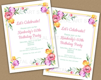 Spring Birthday Invitation Digital - Woman Birthday Invitation Printable - Floral Birthday Invitation Template for Women - Tulip Invitation