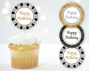 Happy Birthday Cupcake Toppers Printable, Black Gold and Silver Birthday Decorations, Cupcake Picks, Happy Birthday Stickers Labels B11