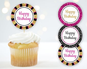 Fuchsia Gold and Black Happy Birthday Cupcake Toppers Printable, Birthday Party Decorations for Women, Birthday Cupcake Picks for Girls B11