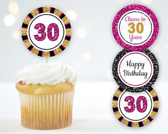 Happy 30th Birthday Cupcake Toppers for Women, Fuchsia Black and Gold Birthday Decorations for Her, Printable Birthday Cupcake Picks B11