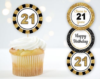 21st Birthday Cupcake Toppers Printable, Black and Gold 21st Birthday Decorations, 21 Cupcake Picks, Happy Birthday Party Decorations B11