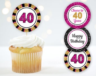 Fuchsia Black and Gold 40th Birthday Cupcake Toppers for Her, Birthday Party Decorations for Women, Cheers to 40 Years Cupcake Picks B11