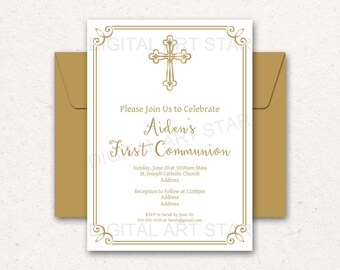 PRINTABLE First Communion Invitation Girl or Boy, First Holy Communion Invitation Digital, 1st Communion Invitation White and Gold FC2