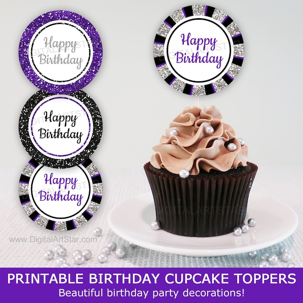 Happy Birthday Cupcake Toppers Printable, Happy Birthday Party Decorations Purple Black Silver, Happy Birthday Cupcake Picks Download B11