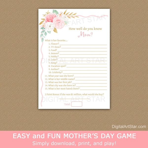 How Well Do You Know Mom, Mothers Day Who Knows Mom Best, Mother's Day Game Printable, Mothers Day Activity for Kids and Adults FL1