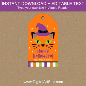 Printable Halloween Gift Tags, Happy Halloween Tags Instant Download, Editable Tags Template, Halloween Cat Witch Tags, Favor Tags Halloween image 1