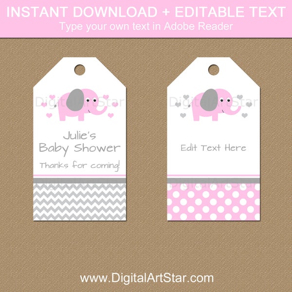 Pink Elephant Baby Shower Tags - Editable Baby Shower Favor Tags - Baby Shower Thank You Tags Elephant - Girl Baby Shower Printable Tags BB7