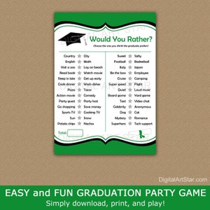 Instant Download Graduation Party Games 2024, Would You Rather Game, This or That Game, Kelly Green and Black Graduation Game Printable G1