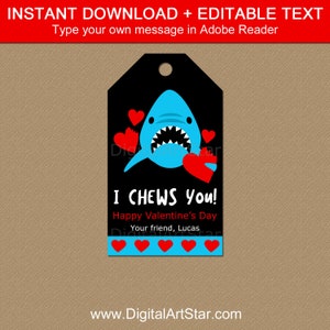 Instant Download Valentine Gift Tags, Valentine's Day Tags, Editable Valentine Tags, Shark Valentine Printable Tags, Hang Tags, Favor Tags image 1