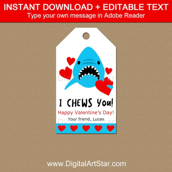 Shark Valentine Printable Tags, Valentine's Day Tags for Boys, Valentine Hang Tag, Valentine Gift Tags for Kids, Favor Tag Template Download