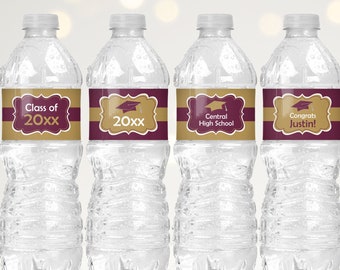 Graduation Party Decorations 2024, Maroon and Gold Graduation Water Bottle Label Template, 2024 Graduation Party Decor, Party Supplies G1