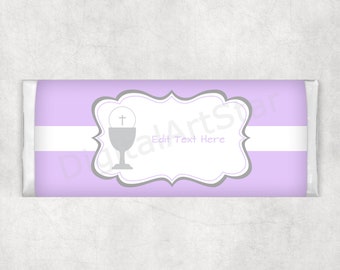 Lavender First Communion Candy Wrappers Instant Download, First Communion Candy Bar Labels, Girl Communion Favors, Chocolate Wrappers FC1