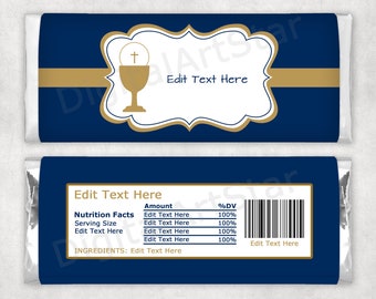 Printable First Communion Candy Wrapper, Navy Blue and Gold First Communion Boy Favors, Editable Chocolate Wrapper, 1st Communion Favors FC1
