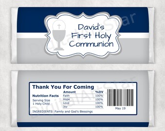 1st Communion Candy Wrappers Navy Blue Gray, Boy First Communion Candy Bar Wrappers, 1st Communion Favors for Boys, Chocolate Wrappers FC1