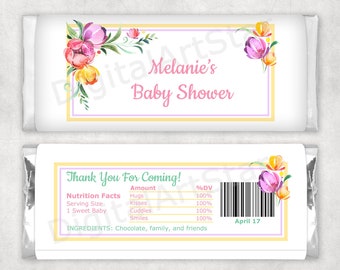 Floral Baby Shower Favors Girl, Baby Shower Candy Bar Wrapper Thank You, Printable Chocolate Wrapper Personalized, Spring Baby Shower Theme