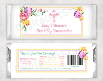 First Communion Candy Wrappers, First Communion Favors for Girl, Floral Candy Bar Wrapper, 1st Communion Chocolate Wrapper Template