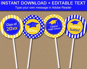 Royal Blue and Yellow Graduation Cupcake Topper, Graduation Party Decorations to Print, Editable Graduation Cupcake Picks, Party Ideas G4