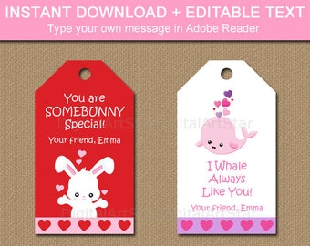 Bunny Valentine Printable Tags, Whale Valentines Day Gift Tags, Kids Valentine Tag Template, Classroom Valentine Tags Instant Download