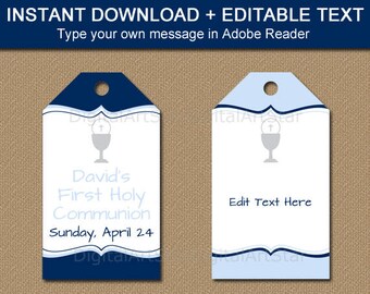 First Communion Tag, Blue First Communion Thank You Tags, 1st Communion Hang Tags, EDITABLE Communion Party Favor Tag, Printable Tags FC1