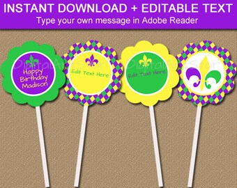 Mardi Gras Cupcake Toppers Printable Mardi Gras Birthday Cupcake Toppers, EDITABLE Mardi Gras Cupcake Picks, DIY Mardi Gras Party Decor M1