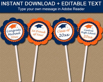 Orange and Navy Graduation Cupcake Toppers Printable - 2024 Graduation Party Decorations - EDITABLE Graduation Cupcake Decorations - ONS