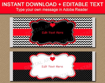 Valentines Day Chocolate Bar Wrappers, Printable Candy Bar Wrappers, Red Black Valentine Party Favors,  EDITABLE Valentine Gift Idea V1