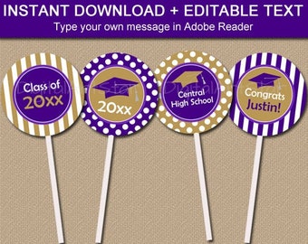 Purple and Gold Graduation Toppers, Printable Party Decorations Graduation, Editable Cupcake Toppers, Cupcake Picks, Party Ideas G4