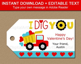 I Dig You Valentines Day Tag, Boy Valentine Tags Printable, Loads of Love Dump Truck Tags Instant Download, Personalized Valentine Tags