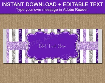 Candy Bar Wrappers Purple Lavender and Silver, 70th Birthday Party Favors, 80th Birthday Favors, 90th Birthday, 100th Birthday Printable B4