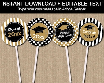 Graduation Cupcake Toppers Black Gold Graduation Party Decorations, Printable Graduation Cupcake Picks, High School Graduation Party Idea G4