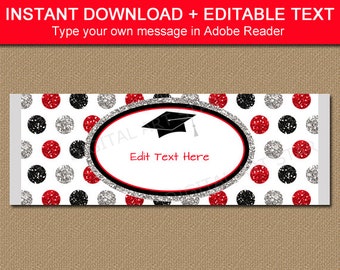 Graduation Candy Bar Wrappers, Editable Chocolate Wrappers, Graduation Party Ideas, High School Graduation Candy Favors Red Black Silver G12