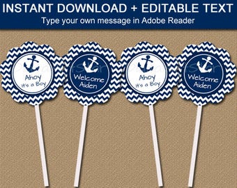 Nautical Baby Shower Cupcake Toppers, Ahoy Its a Boy, Nautical Its a Boy Instant Download, Nautical Baby Shower Decor, Baby Boy Shower N1