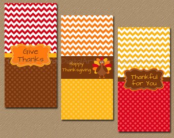 Thanksgiving Candy Bar Wrappers - Printable Thanksgiving Party Favors - Turkey Mini Candy Labels - Chevron Chocolate Bar Labels - INSTANT T1