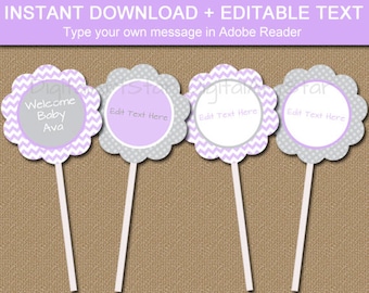 Girl Baby Shower Cupcake Toppers, Printable Baby Shower Party Decor, Lavender Baby Shower Cupcake Decorations, 1st Birthday Party Ideas BB1