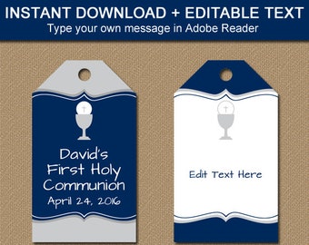 First Communion Tags - First Communion Gift Tags - Printable Hang Tags - EDITABLE Tags - Boy First Commuion Favor Tags Instant Download FC1