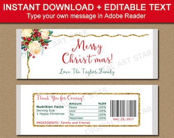 Christmas Chocolate Bar Wrappers, Printable Candy Bar Wrappers Holiday Party Ideas Christmas Favors, Adult Birthday Favors, Editable Text C6