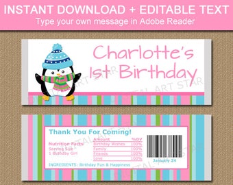 Winter Birthday Chocolate Bar Wrappers, Penguin Candy Bar Wrapper Template, Printable Candy Labels, Girl Birthday Party Favor Ideas