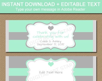Mint and Grey Chocolate Bar Wrappers, Printable Bridal Candy Bar Wrappers, Wedding Party Favors, Anniversary Candy Labels, Party Favor Ideas