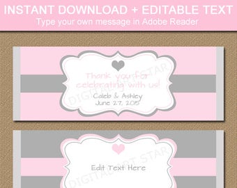 EDITABLE Wedding Chocolate Bar Wrappers - Printable Bridal Candy Wrappers - Blush Pink and Grey Wedding Party Favors Gift Instant Download