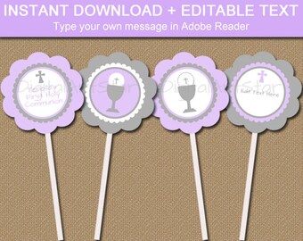 First Holy Communion Cupcake Toppers, Girl First Holy Communion Party Decorations, Lavender Gray Communion Cupcake Sticks, Communion Ideas