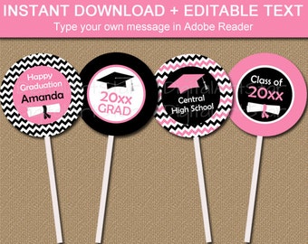 Pink Graduation Cupcake Toppers Girl Graduation Decorations Graduation Cupcake Picks Printable Pink and Black Graduation Decor G3