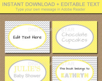 Yellow Gray Chevron Buffet Cards, Yellow Gray Wedding Labels, Tent Cards, Candy Buffet Labels, Dessert Table Labels, Dessert Food Cards BB1