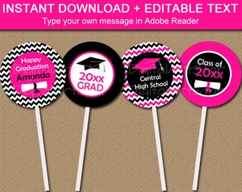 Hot Pink and Black Graduation Party Decorations Girl Graduation Decorations Printable Cupcake Topper Template Graduation Cupcake Picks G3