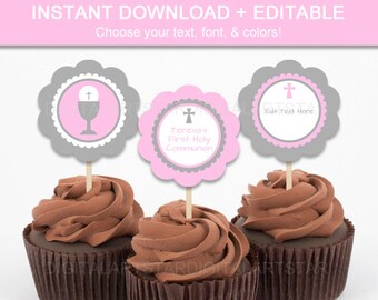 First Communion Cupcake Toppers - Printable First Communion Decorations - First Communion Labels - Catholic Cupcake Toppers - EDITABLE TEXT