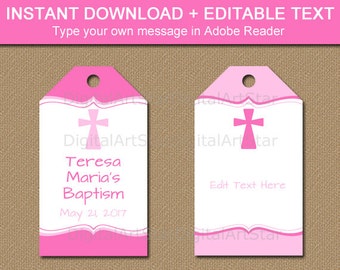 Baptism Tags - Pink Baptism Favor Tags - First Communion Tags - Thank You Tags - Christening Tags - Religious Tags INSTANT DOWNLOAD Tags I1