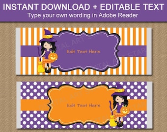 Halloween Candy Bar Wrappers - Halloween Party Favors - Witch Party Favor - Editable Halloween Candy Bar Label - Girl Halloween Birthday WDS