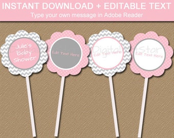 Pink and Gray Baby Shower Cupcake Toppers, EDITABLE Pink Grey Printable Tags, Bridal Shower Cupcake Toppers, 1st Birthday Tag Template BB1
