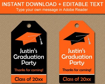 Orange and Black Graduation Party Favor Tags - Printable High School Graduation Tags - EDITABLE Tags Instant Download - Thank You Tags G1