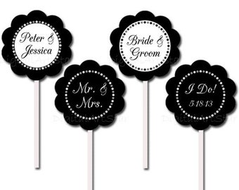 Black and White Wedding Decoration, Wedding Cupcake Picks, PRINTABLE Cupcake Topper Wedding, Cupcake Decorations Personalized, Custom Topper